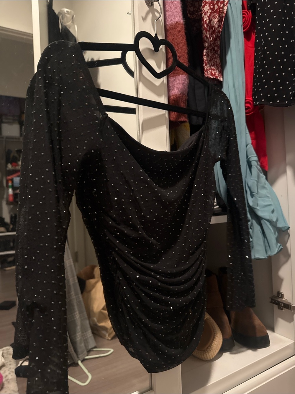 AFRM Black Long-Sleeve Ruched Sparkle Top Dress